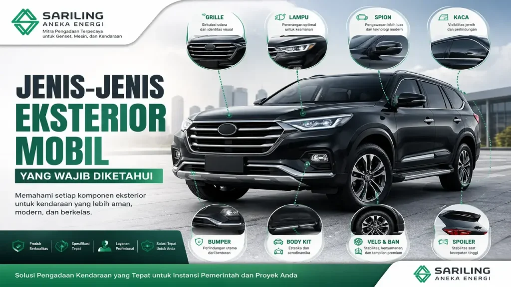 Infografis jenis eksterior mobil lengkap seperti bumper, grille, lampu, dan spoiler pada kendaraan modern oleh Sariling Aneka Energi
