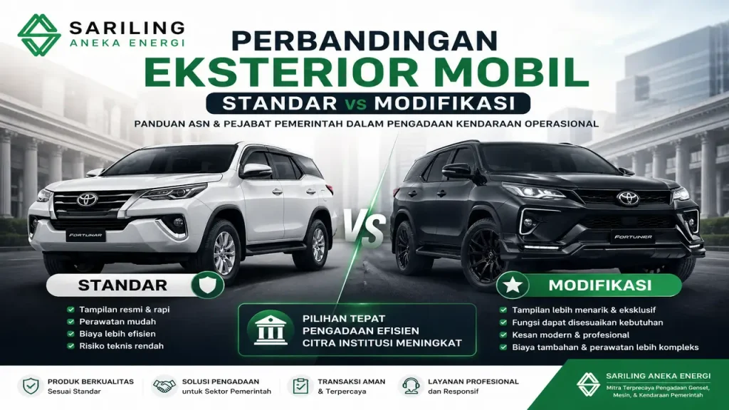 Perbandingan eksterior mobil standar dan modifikasi untuk kendaraan operasional pemerintah oleh Sariling Aneka Energi