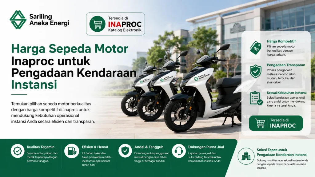 Informasi Harga Sepeda Motor Inaproc dari Sariling Aneka Energi untuk pengadaan kendaraan instansi, menampilkan unit motor matic modern dengan rincian keunggulan harga kompetitif, proses pengadaan transparan, efisiensi bahan bakar, dan dukungan layanan purna jual yang tersedia di Katalog Elektronik Inaproc.