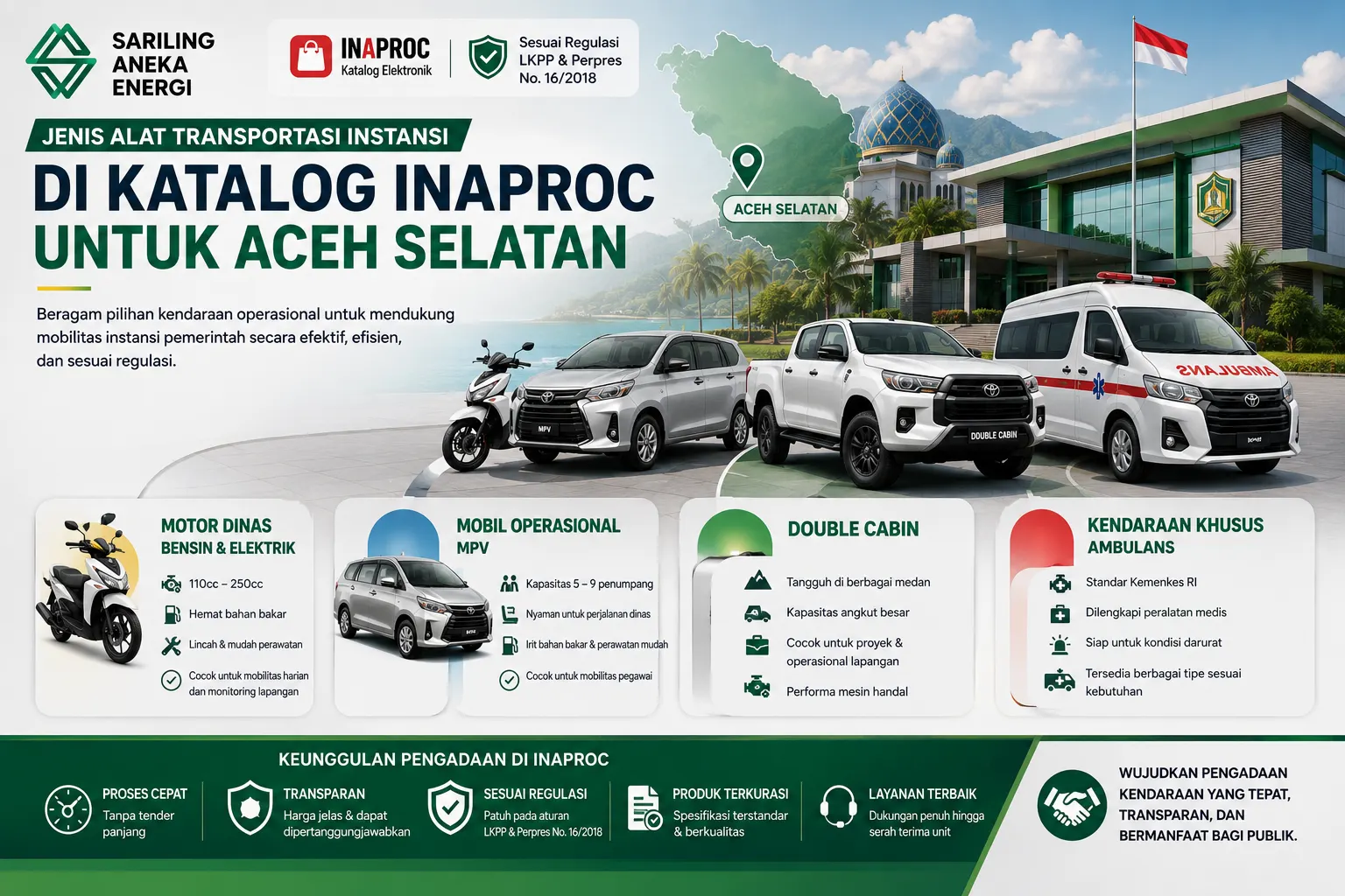Banner jenis alat transportasi instansi di katalog INAPROC untuk Aceh Selatan yang menampilkan motor dinas, mobil operasional MPV, double cabin, dan ambulans untuk mendukung mobilitas instansi pemerintah dan layanan publik.