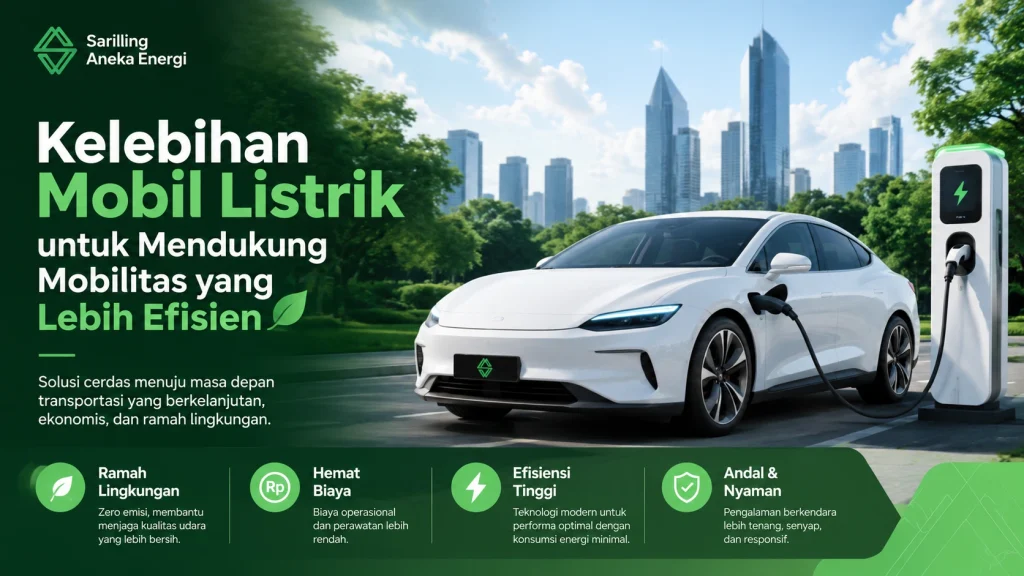 Infografis Kelebihan Mobil Listrik untuk mobilitas efisien dari Sariling Aneka Energi, menampilkan mobil listrik putih modern sedang mengisi daya, dengan poin utama ramah lingkungan (zero emisi), hemat biaya operasional, efisiensi tinggi, serta pengalaman berkendara yang andal dan nyaman.