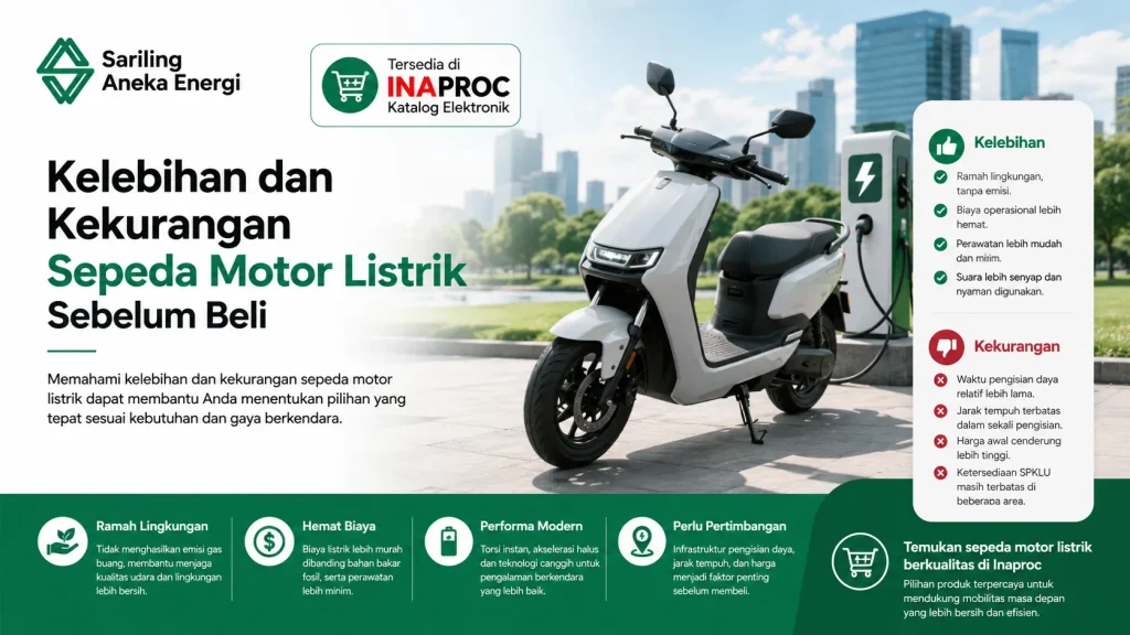 Informasi Harga Sepeda Motor Listrik dari Sariling Aneka Energi untuk pengadaan kendaraan instansi, menampilkan unit motor matic modern dengan rincian keunggulan harga kompetitif, proses pengadaan transparan, efisiensi bahan bakar, dan dukungan layanan purna jual yang tersedia di Katalog Elektronik Inaproc.