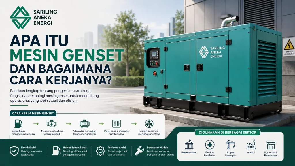 Banner edukasi tentang mesin genset dari Sariling Aneka Energi yang menampilkan genset modern berwarna hijau dengan penjelasan cara kerja genset, fungsi sebagai sumber listrik cadangan, serta penggunaan genset untuk sektor pemerintahan, industri, fasilitas kesehatan, proyek lapangan, dan operasional komersial.