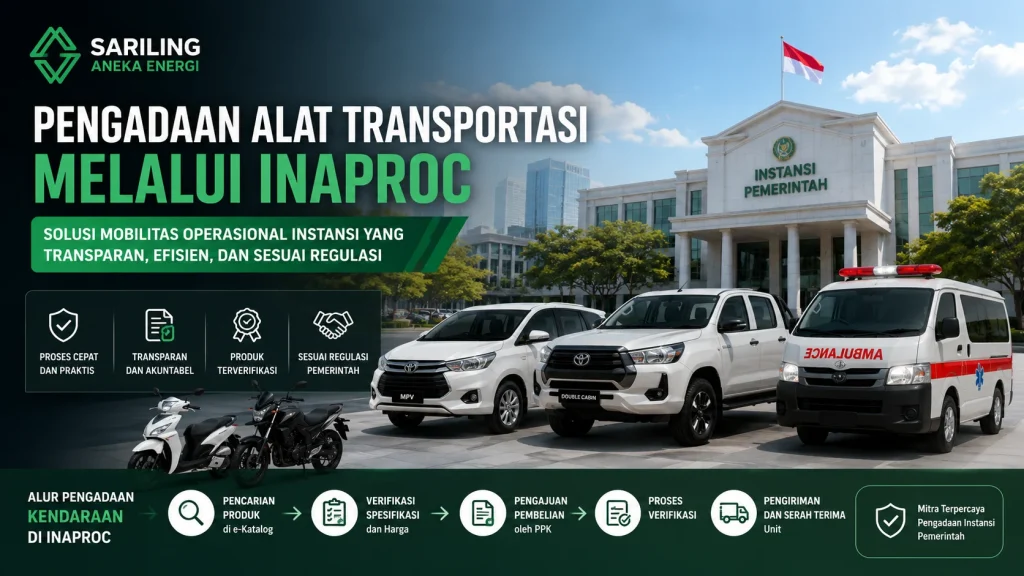 Banner pengadaan alat transportasi melalui Inaproc dengan ilustrasi motor dinas, mobil operasional, double cabin, dan ambulans untuk kebutuhan instansi pemerintah.