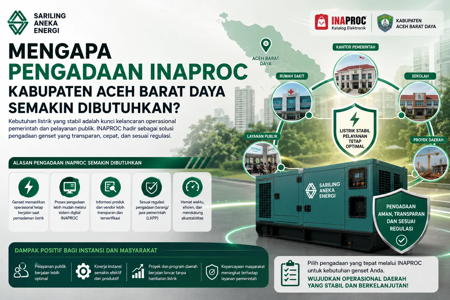 Banner pengadaan INAPROC Kabupaten Aceh Barat Daya yang menampilkan solusi pengadaan genset untuk mendukung operasional pemerintah, rumah sakit, sekolah, layanan publik, dan proyek daerah secara transparan dan efisien.