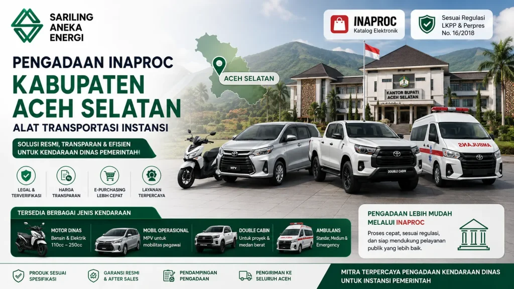 Pengadaan Inaproc Kabupaten Aceh Selatan dari Sariling Aneka Energi yang menampilkan kendaraan dinas pemerintah seperti motor operasional, mobil MPV, double cabin, dan ambulans untuk mendukung kebutuhan transportasi instansi secara transparan dan efisien.