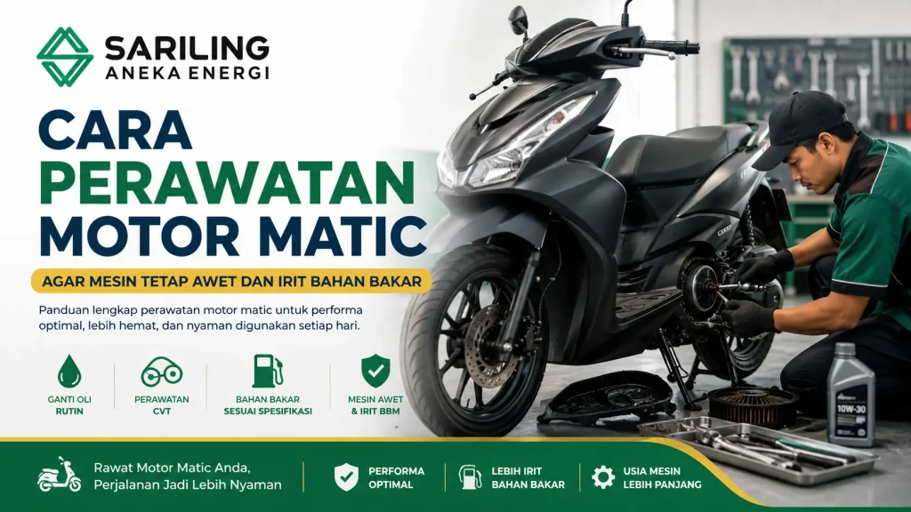 Ilustrasi gambar teknisi melakukan perawatan motor matic untuk menjaga performa mesin