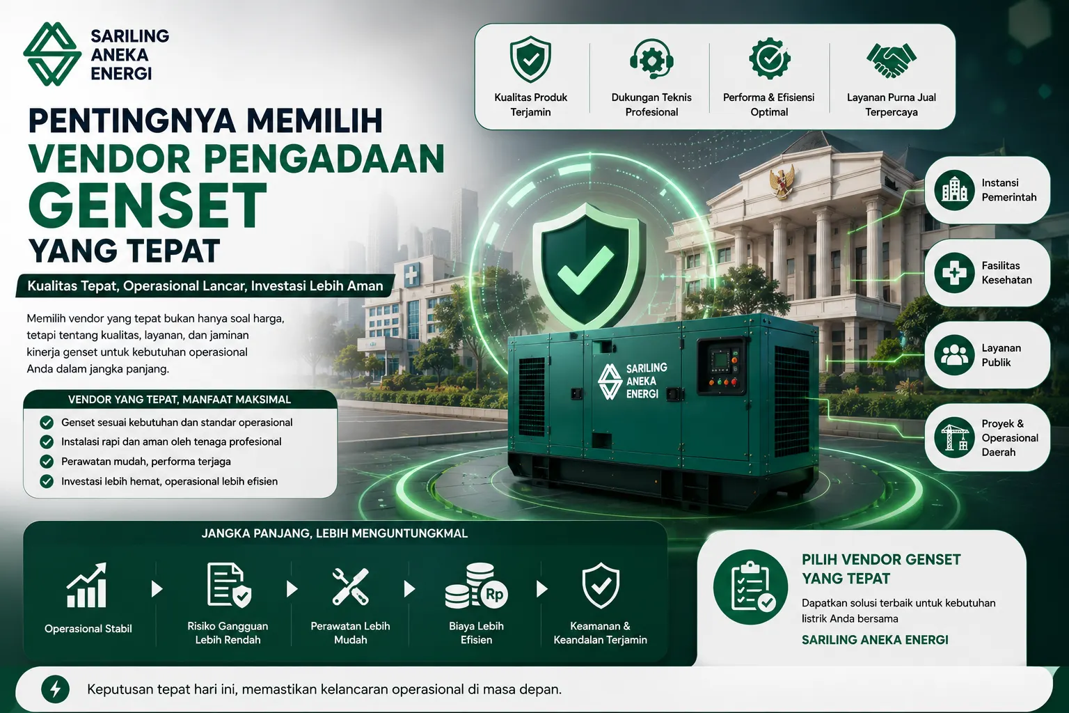 Banner pengadaan genset Sariling Aneka Energi yang menampilkan genset modern dengan layanan teknis profesional, kualitas terjamin, dan solusi listrik stabil untuk mendukung operasional pemerintah, fasilitas publik, dan kebutuhan pengadaan genset daerah.