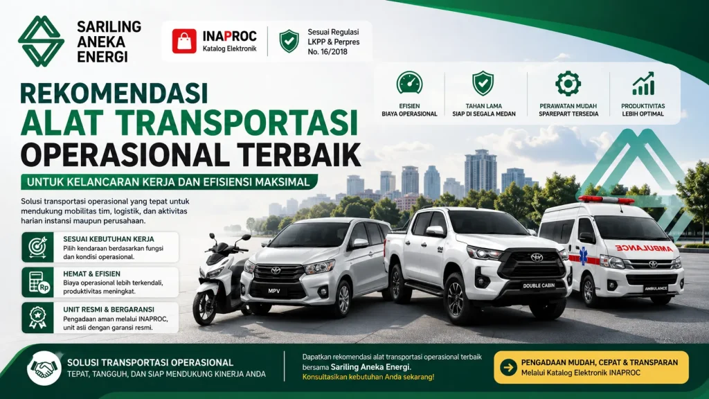 Banner rekomendasi alat transportasi operasional yang menampilkan motor operasional, mobil MPV, double cabin, dan ambulans untuk mendukung mobilitas kerja instansi dan perusahaan secara efisien dan profesional.