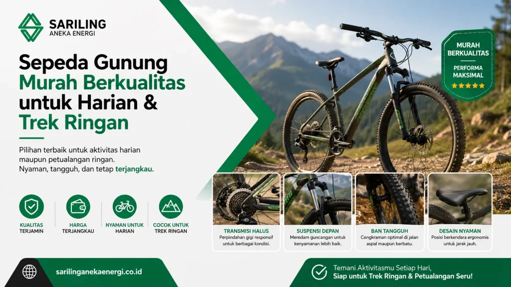 Infografik dari PT Sariling Aneka Energi berjudul Sepeda Gunung Murah Berkualitas untuk Harian & Trek Ringan. Menampilkan unit sepeda gunung hijau berlatar perbukitan beserta detail fitur transmisi halus, suspensi depan, ban tangguh, dan desain nyaman.