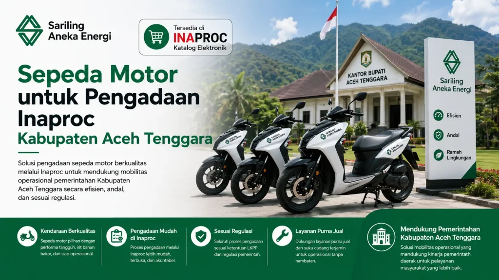 Banner layanan pengadaan Inaproc Kabupaten Aceh Tenggara untuk Sepeda Motor oleh Sariling Aneka Energi, menampilkan deretan motor matic putih di depan Kantor Bupati Aceh Tenggara sebagai solusi kendaraan operasional pemerintah daerah yang efisien, andal, dan sesuai regulasi LKPP.