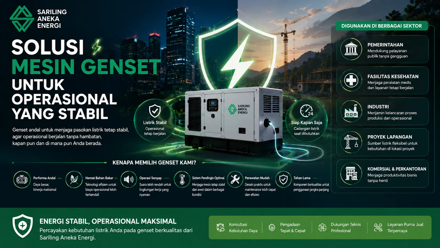 Banner solusi mesin genset dari Sariling Aneka Energi yang menampilkan genset modern sebagai sumber listrik cadangan untuk menjaga operasional tetap stabil di sektor pemerintahan, industri, fasilitas kesehatan, dan proyek lapangan.