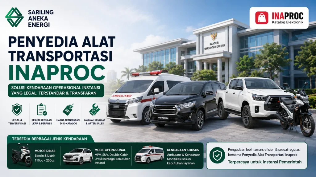 Banner penyedia alat transportasi INAPROC dari Sariling Aneka Energi yang menampilkan motor dinas, mobil operasional, double cabin, dan ambulans untuk kebutuhan kendaraan instansi pemerintah dan layanan publik.