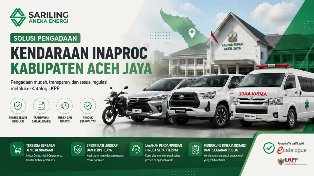 Banner pengadaan kendaraan Inaproc Kabupaten Aceh Jaya dengan ilustrasi motor dinas, mobil operasional, double cabin, dan ambulans untuk kebutuhan instansi pemerintah.