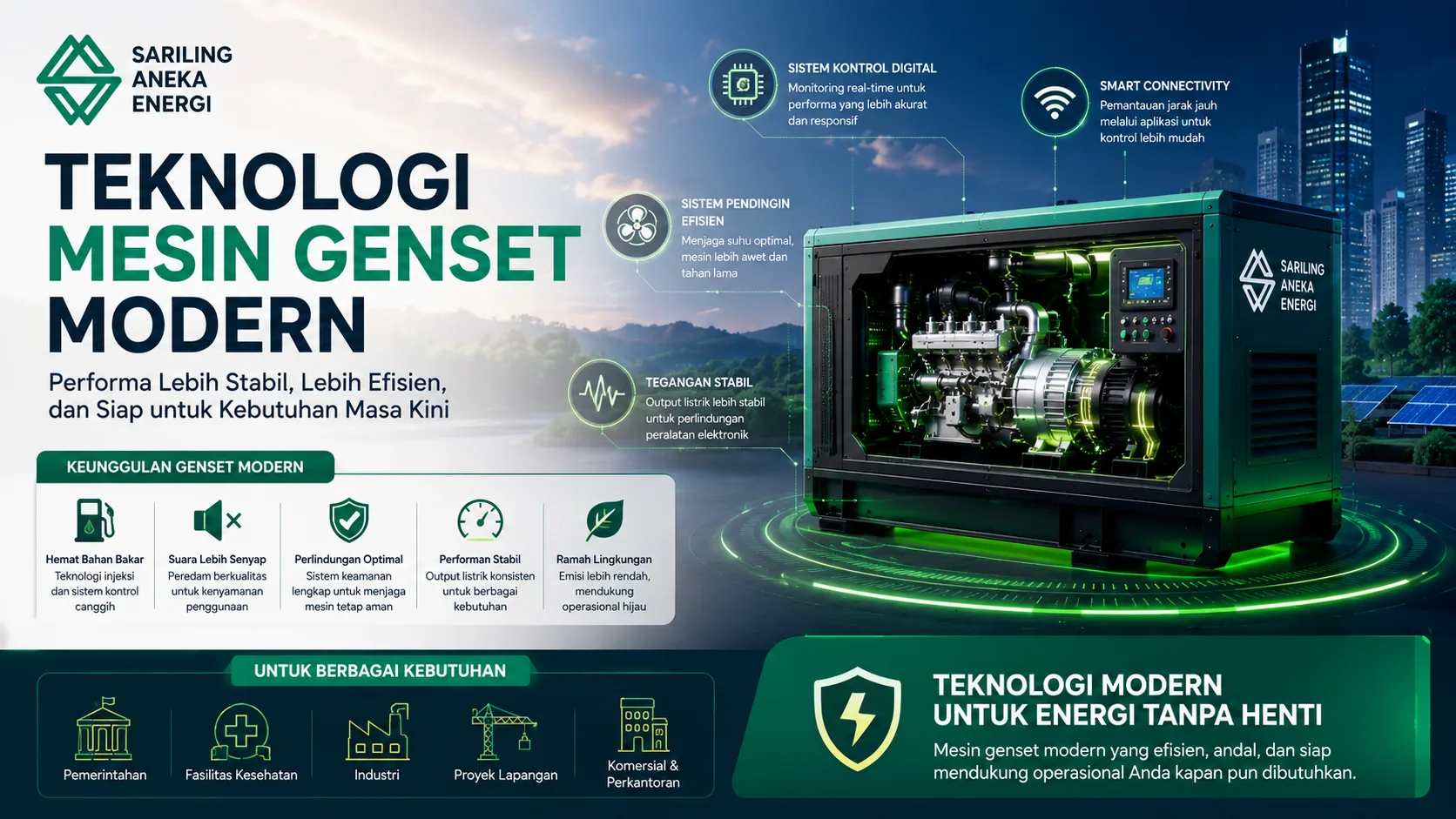 Banner teknologi mesin genset modern dari Sariling Aneka Energi yang menampilkan genset digital dengan sistem kontrol pintar, efisiensi bahan bakar, dan performa listrik stabil untuk mendukung kebutuhan operasional berbagai sektor.