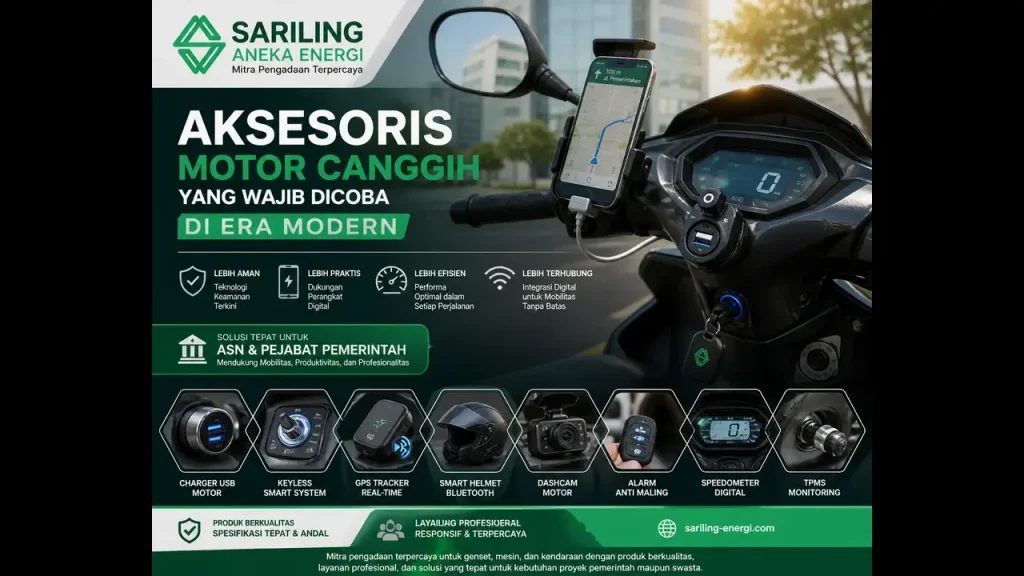 Aksesoris motor canggih seperti charger USB motor, GPS tracker, dan smart helmet untuk mendukung mobilitas modern ASN oleh Sariling Aneka Energi