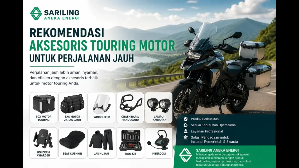 Rekomendasi aksesoris touring motor untuk perjalanan jauh dengan perlengkapan lengkap seperti box motor, tas jarak jauh, dan aksesoris keamanan dari Sariling Aneka Energi