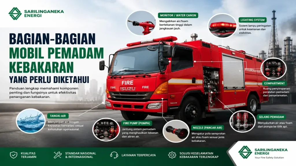 Bagian-bagian mobil pemadam kebakaran lengkap beserta fungsi tangki air, fire pump, nozzle, dan selang pemadam