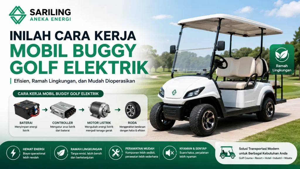 Ilustrasi Gambar Cara kerja mobil buggy golf elektrik yang efisien dan ramah lingkungan