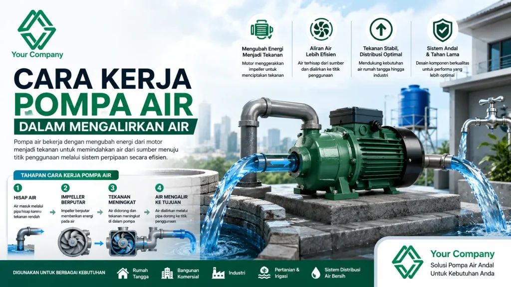 Cara kerja pompa air dalam mengalirkan air dari sumber menuju titik penggunaan melalui sistem perpipaan