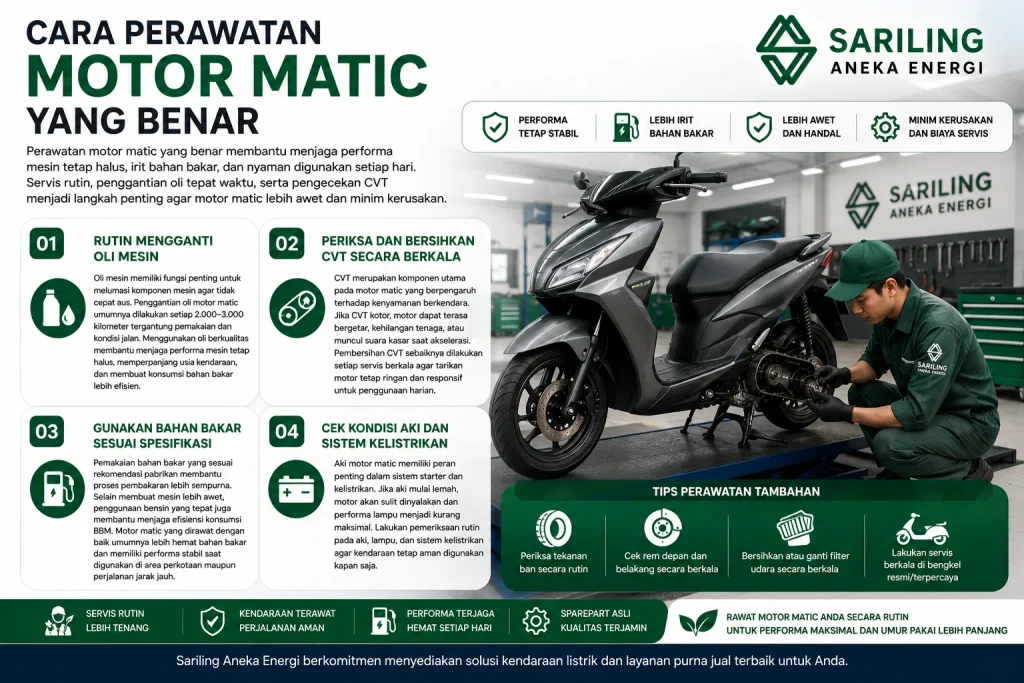 Cara perawatan motor matic yang benar dengan servis rutin, ganti oli, dan perawatan CVT untuk menjaga performa kendaraan