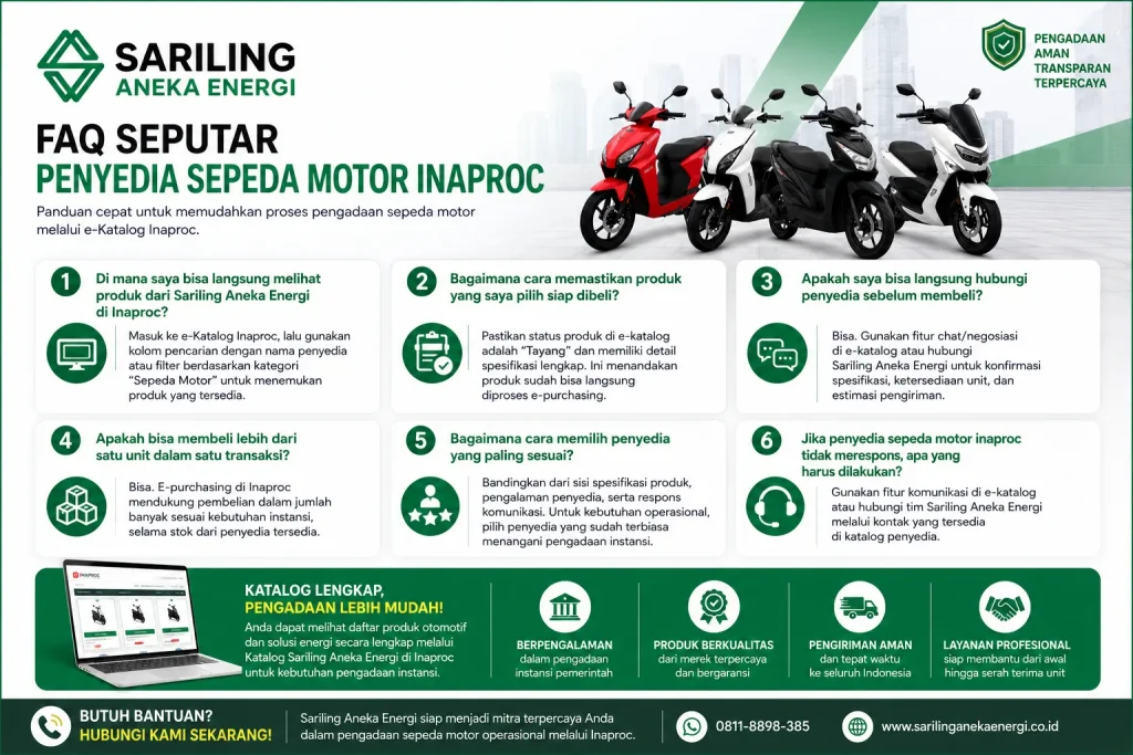 FAQ Penyedia Sepeda Motor Inaproc dari Sariling Aneka Energi yang membahas cara melihat produk di e-Katalog, proses e-purchasing, komunikasi dengan penyedia, pembelian multi unit, dan pengadaan kendaraan operasional instansi.