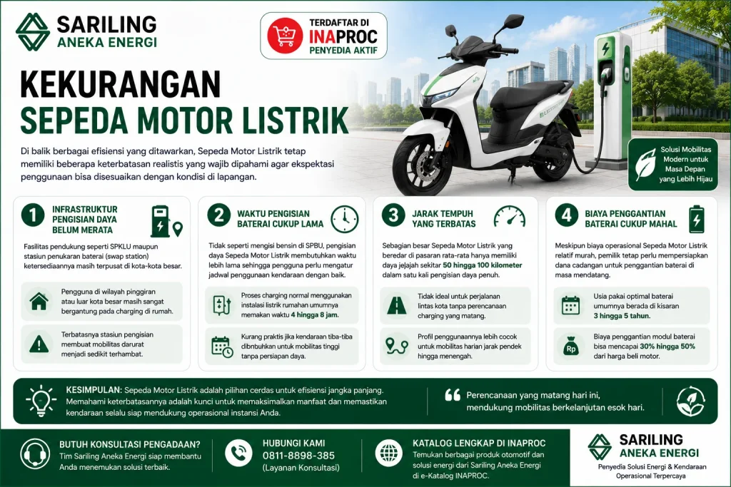 Kekurangan sepeda motor listrik untuk instansi meliputi keterbatasan infrastruktur pengisian daya, waktu charging yang lebih lama, jarak tempuh terbatas, serta biaya penggantian baterai yang relatif tinggi