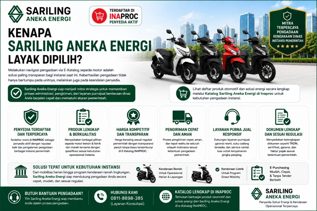 Kenapa Sariling Aneka Energi layak dipilih di E-Katalog Sepeda Motor sebagai penyedia terpercaya INAPROC dengan produk berkualitas, harga transparan, pengiriman cepat, layanan purnajual responsif, dan dukungan pengadaan kendaraan dinas instansi pemerintah.