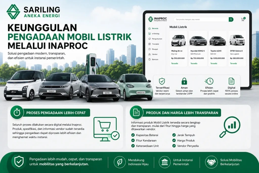 Feature image tentang keunggulan pengadaan mobil listrik melalui Inaproc dengan logo Sariling Aneka Energi di bagian atas, menampilkan kendaraan listrik seperti Wuling Air ev, Hyundai IONIQ 5, Toyota bZ4X, dan Wuling BinguoEV serta tampilan dashboard digital Inaproc yang menyoroti proses pengadaan cepat, transparansi harga, spesifikasi kendaraan, vendor penyedia, dan solusi mobilitas berkelanjutan untuk instansi pemerintah.