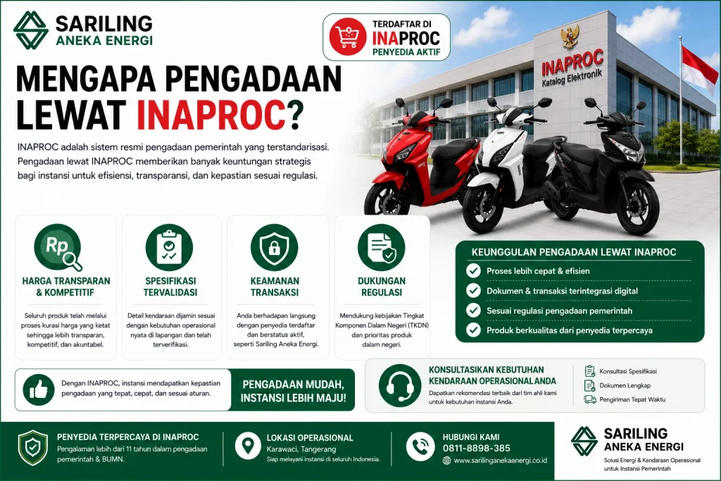 Mengapa Pengadaan Lewat INAPROC dengan Sariling Aneka Energi sebagai penyedia aktif, menawarkan harga transparan, spesifikasi tervalidasi, keamanan transaksi, dan dukungan regulasi TKDN untuk kebutuhan instansi pemerintah.