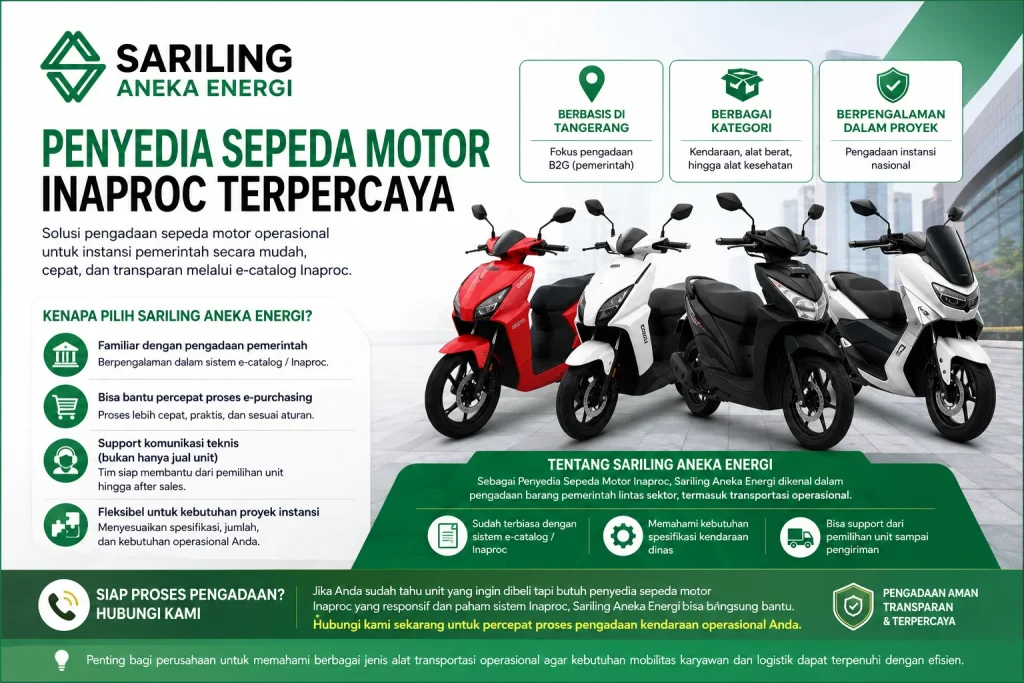 Penyedia Sepeda Motor Inaproc terpercaya dari Sariling Aneka Energi untuk pengadaan kendaraan operasional instansi pemerintah dengan layanan e-purchasing, konsultasi teknis, dan dukungan pengiriman unit.
