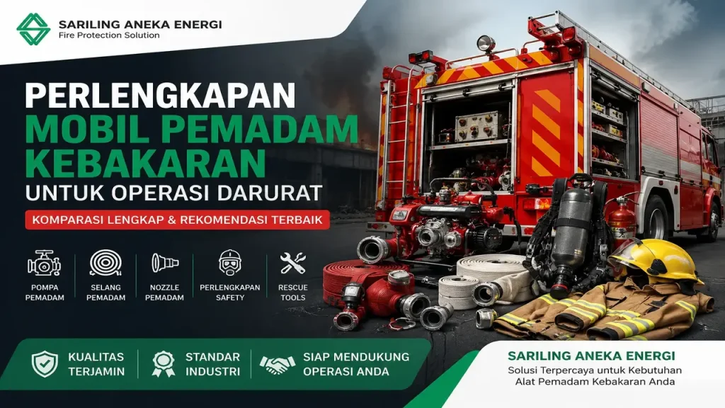 Perlengkapan mobil pemadam kebakaran untuk operasi darurat lengkap dengan pompa pemadam, selang, nozzle, SCBA, dan rescue tools