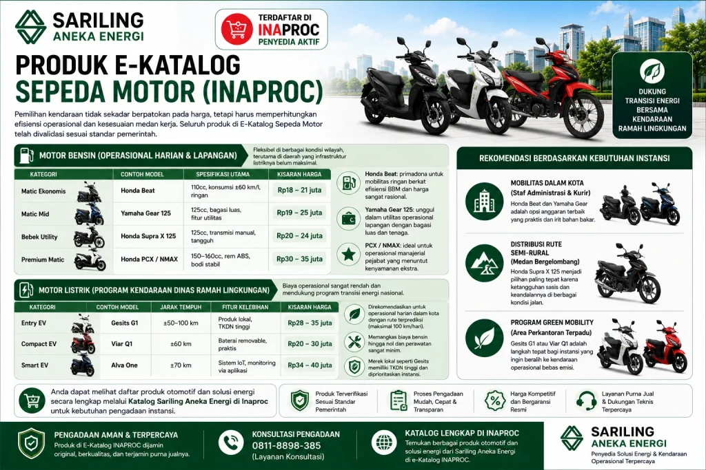 Produk E-Katalog Sepeda Motor INAPROC dari Sariling Aneka Energi yang menampilkan pilihan motor bensin Honda Beat, Yamaha Gear 125, Honda Supra X 125, Honda PCX, Yamaha NMAX serta motor listrik Gesits G1, Viar Q1, dan Alva One untuk kebutuhan operasional instansi pemerintah