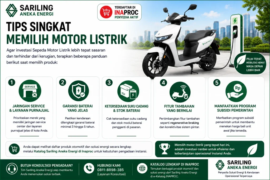 Tips singkat memilih motor listrik untuk instansi dengan memperhatikan jaringan service center, garansi baterai, ketersediaan suku cadang, fitur pintar, dan program subsidi pemerintah guna mendukung pengadaan kendaraan operasional yang efisien.