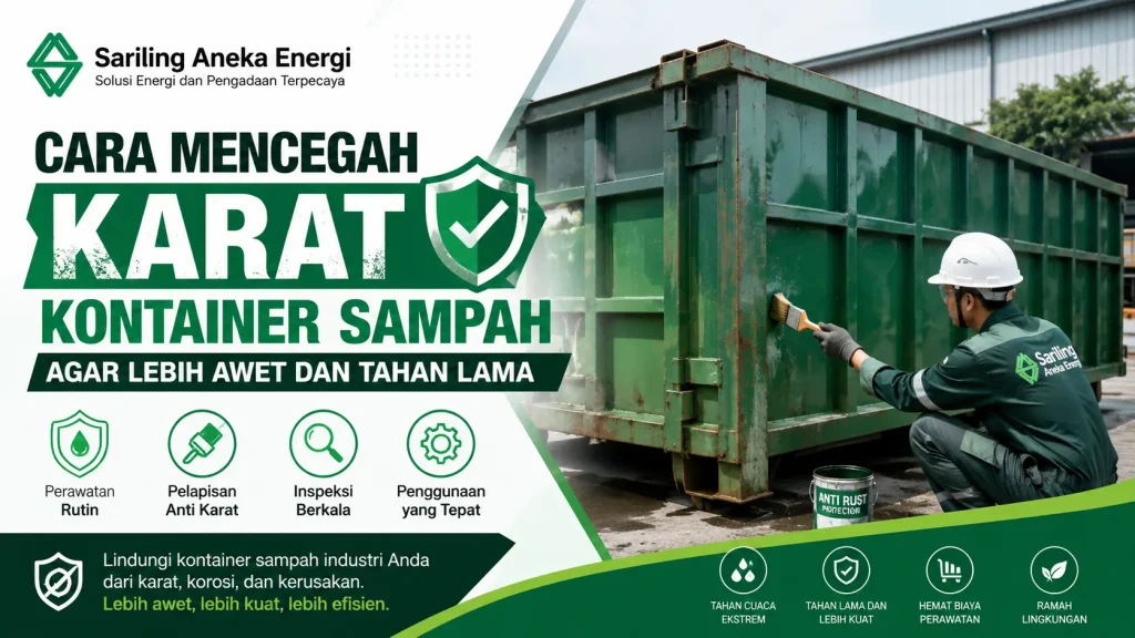Ilustrasi gambar cara mencegah karat kontainer sampah agar lebih awet dan tahan lama melalui perawatan rutin, pelapisan anti karat, dan inspeksi berkala pada kontainer sampah industri.