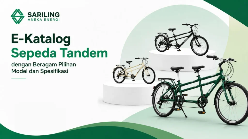 Banner E-Katalog Sepeda Tandem dengan Bergam Pilihan Model dan Spesifikasi dari Sariling Aneka Energi, menampilkan tiga unit sepeda tandem dalam varian warna hijau, krem, dan hitam.
