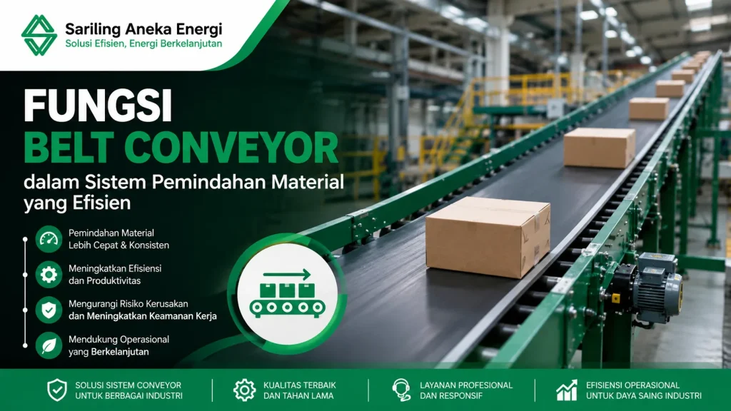 Ilustrasi gambar fungsi belt conveyor dalam sistem pemindahan material yang efisien untuk mendukung operasional industri modern