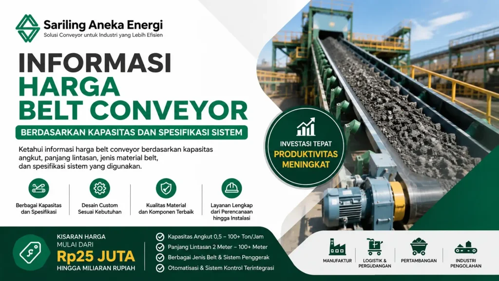 Ilustrasi gambar harga belt conveyor berdasarkan kapasitas dan spesifikasi sistem untuk kebutuhan industri