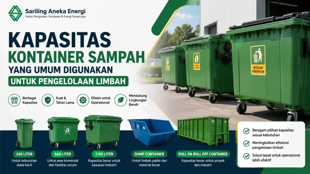 Ilustrasi gambar kapasitas kontainer sampah yang umum digunakan untuk pengelolaan limbah industri, komersial, dan fasilitas umum oleh Sariling Aneka Energi