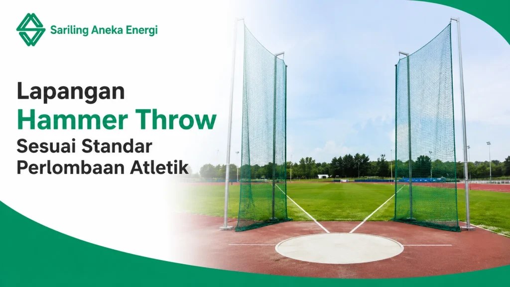 Ilustrasi Gambar Lapangan hammer throw sesuai standar perlombaan atletik dengan area lempar, lingkaran putar, dan sektor pendaratan