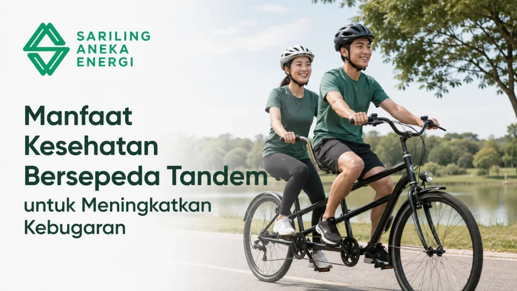 Banner edukasi Manfaat Kesehatan Bersepeda Tandem untuk Meningkatkan Kebugaran dari Sariling Aneka Energi, menampilkan pasangan pria dan wanita berkendara bersama di taman.