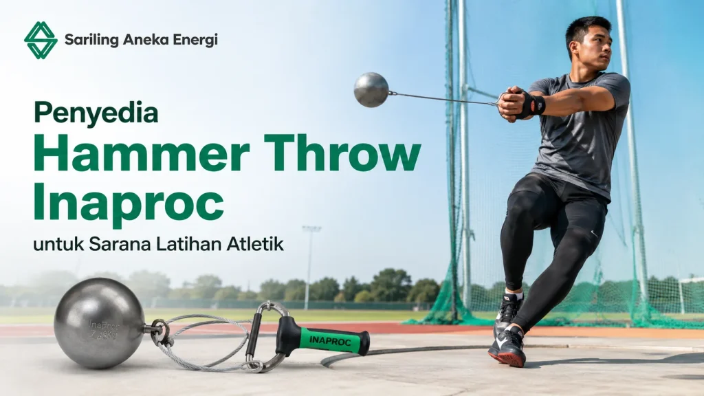 Ilustrasi Penyedia Hammer Throw Inaproc untuk sarana latihan atletik dengan atlet sedang berlatih lempar martil dan produk hammer throw berkualitas.
