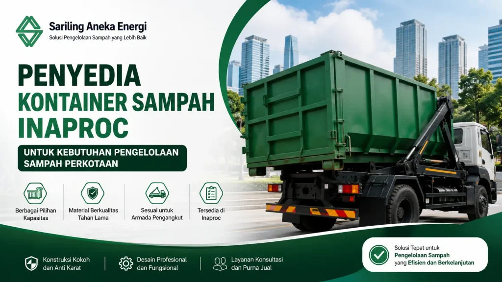 Ilustrasi gambar penyedia kontainer sampah Inaproc untuk kebutuhan pengelolaan sampah perkotaan dengan berbagai pilihan kapasitas dan spesifikasi kontainer sampah industri