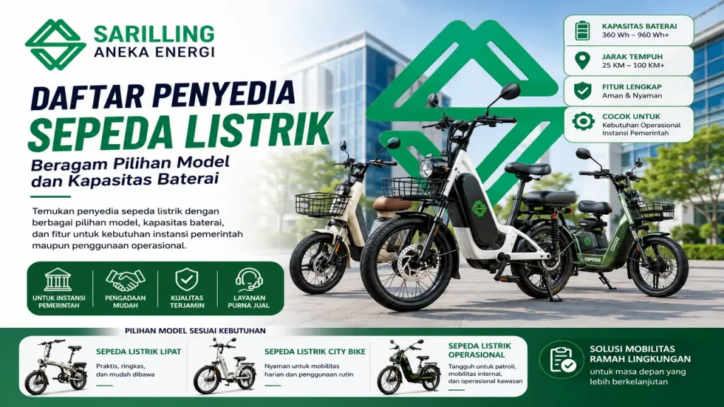 Sarilling Aneka Energi Penyedia sepeda listrik dengan beragam pilihan model, kapasitas baterai, dan fitur untuk kebutuhan operasional instansi pemerintah