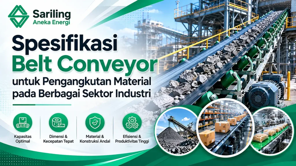 Ilustrasi gambar spesifikasi belt conveyor untuk pengangkutan material pada berbagai sektor industri dengan kapasitas, dimensi, kecepatan belt, dan konstruksi sistem conveyor industri