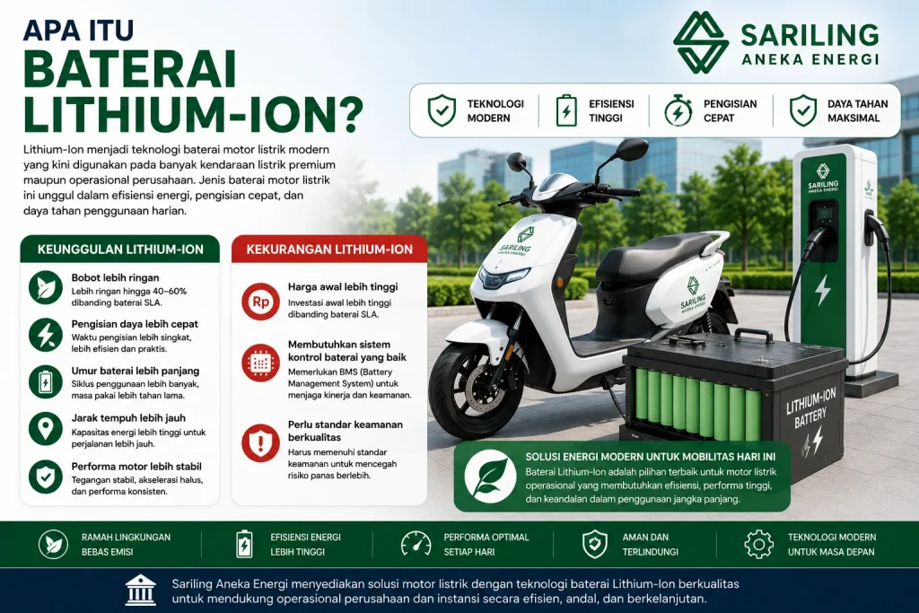 Apa itu baterai Lithium-Ion pada motor listrik beserta keunggulan dan kekurangannya untuk kendaraan operasional bersama Sariling Aneka Energi