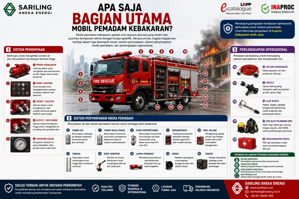 Apa saja bagian utama mobil pemadam kebakaran yang terdiri dari sistem pemompaan, sistem penyimpanan media pemadam, dan perlengkapan operasional untuk mendukung proses pemadaman