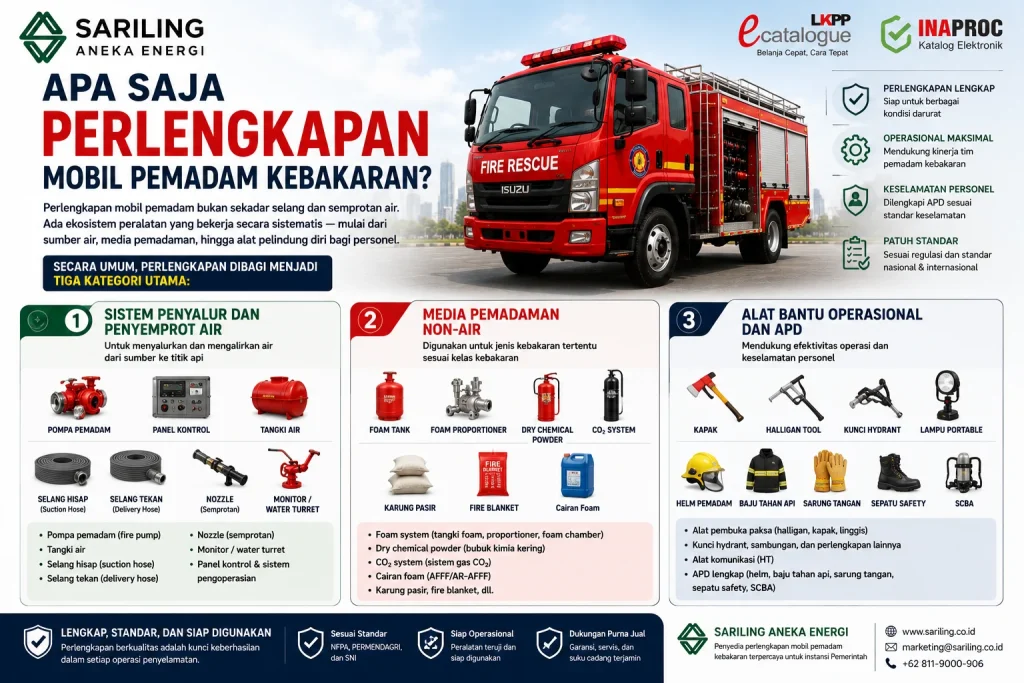 Apa saja perlengkapan mobil pemadam kebakaran yang meliputi sistem penyalur air, media pemadaman non-air, alat bantu operasional, dan APD petugas