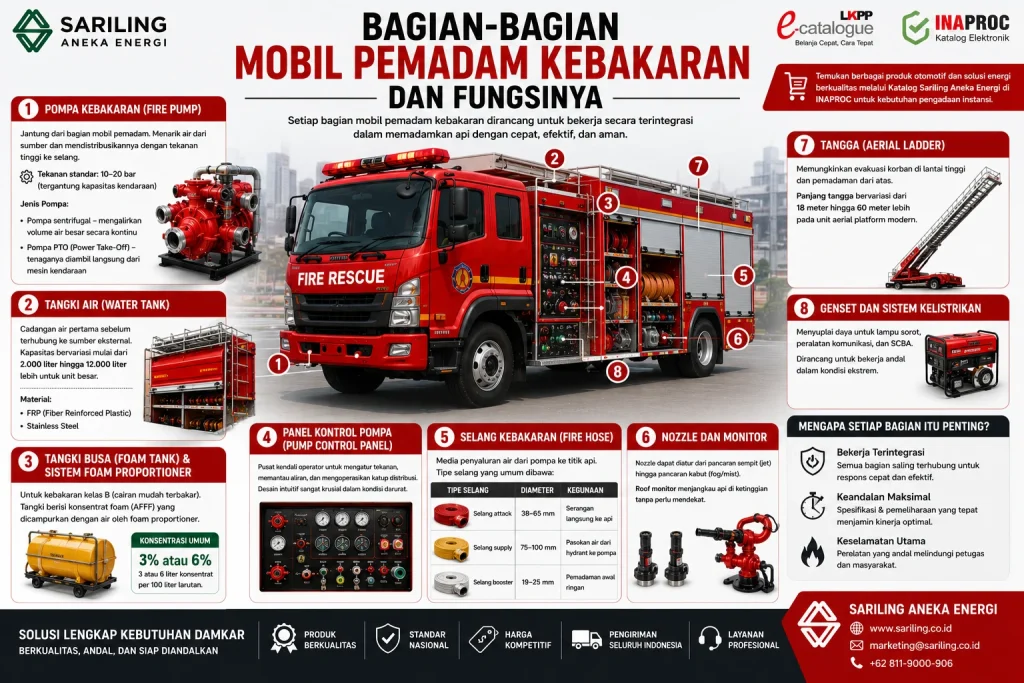 Bagian-bagian mobil pemadam kebakaran dan fungsinya meliputi pompa kebakaran, tangki air, tangki busa, panel kontrol, selang, nozzle, tangga aerial, dan genset pendukung