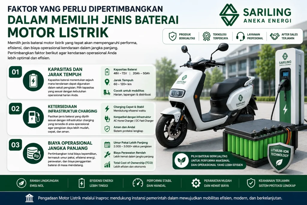Faktor yang perlu dipertimbangkan dalam memilih jenis baterai motor listrik untuk kendaraan operasional bersama Sariling Aneka Energi